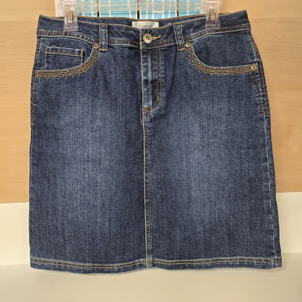 Dressbarn Womens Denim Mini Skirt Dark Wash Studded Pockets Size 10 Stretch Blue